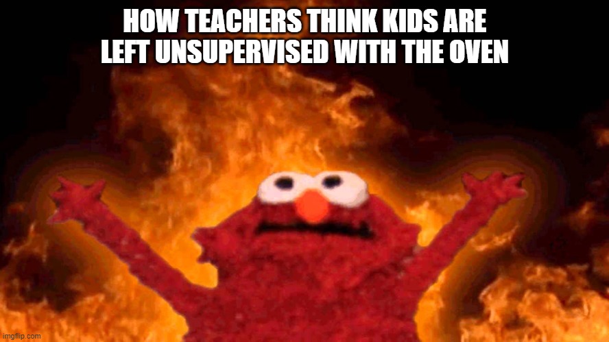 they are not gonna do it | HOW TEACHERS THINK KIDS ARE LEFT UNSUPERVISED WITH THE OVEN | image tagged in elmo fire | made w/ Imgflip meme maker
