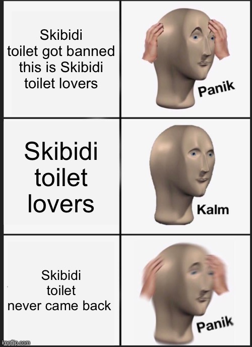 (duk: oh ok I get it now... or maybe not) | Skibidi toilet got banned this is Skibidi toilet lovers; Skibidi toilet lovers; Skibidi toilet never came back | image tagged in memes,panik kalm panik | made w/ Imgflip meme maker