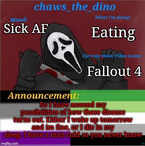 Man cold outcomes | Eating; Sick AF; Fallout 4; So I have assesed my possibilities of how these disease turns out. Either I wake up tomorrow and im fine, or I die in my sleep. I have a man cold so you never know | image tagged in chaws_the_dino announcement temp | made w/ Imgflip meme maker