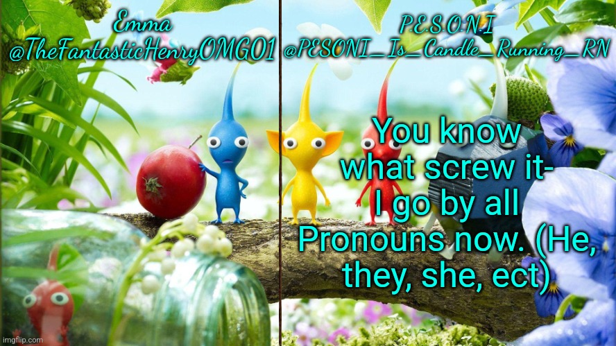 Bur a specific is she\they BTW! :b | You know what screw it- I go by all Pronouns now. (He, they, she, ect) | image tagged in emma and pesoni dual announcement temp | made w/ Imgflip meme maker
