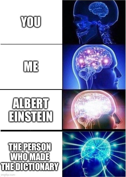 Smarter | YOU; ME; ALBERT EINSTEIN; THE PERSON WHO MADE THE DICTIONARY | image tagged in memes,expanding brain,smart,albert einstein,you,me | made w/ Imgflip meme maker