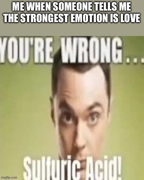 It’s fear. Think about it. | ME WHEN SOMEONE TELLS ME THE STRONGEST EMOTION IS LOVE | image tagged in youre wrong sulfuric acid | made w/ Imgflip meme maker