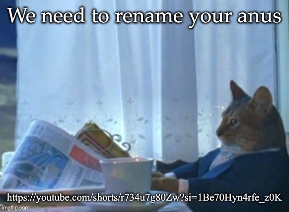 https://youtube.com/shorts/r734u7g80Zw?si=1Be70Hyn4rfe_z0K | We need to rename your anus; https://youtube.com/shorts/r734u7g80Zw?si=1Be70Hyn4rfe_z0K | image tagged in memes,i should buy a boat cat | made w/ Imgflip meme maker