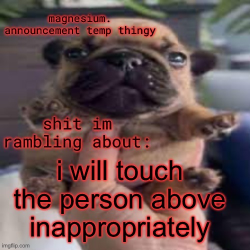pug temp | i will touch the person above inappropriately | image tagged in pug temp | made w/ Imgflip meme maker