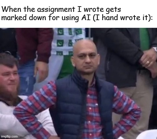 bald indian guy | When the assignment I wrote gets marked down for using AI (I hand wrote it): | image tagged in bald indian guy | made w/ Imgflip meme maker