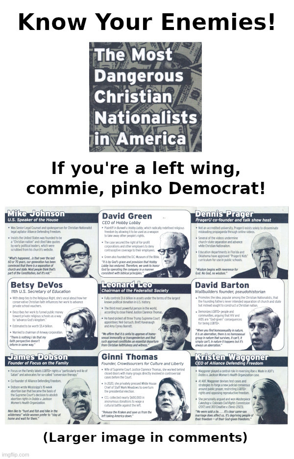 Know Your Enemies! | image tagged in christian,nationalists,left wing,commies,pinko,democrats | made w/ Imgflip meme maker