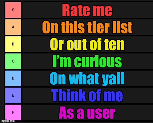 Tier List | Rate me; On this tier list; Or out of ten; I’m curious; On what yall; Think of me; As a user | image tagged in tier list | made w/ Imgflip meme maker