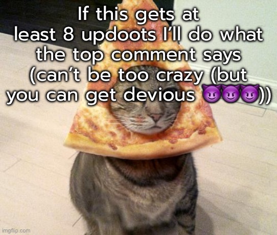 pizza cat | If this gets at least 8 updoots I’ll do what the top comment says (can’t be too crazy (but you can get devious 😈😈😈)) | image tagged in pizza cat | made w/ Imgflip meme maker