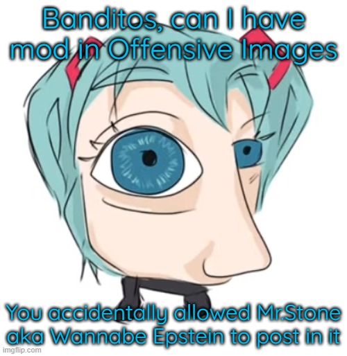 Hatsune Miku eye | Banditos, can I have mod in Offensive Images; You accidentally allowed Mr.Stone aka Wannabe Epstein to post in it | image tagged in hatsune miku eye | made w/ Imgflip meme maker