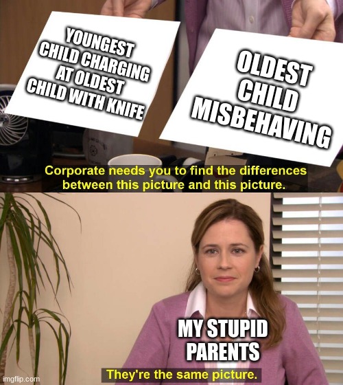 The actually happened, at I got in trouble? | YOUNGEST CHILD CHARGING AT OLDEST CHILD WITH KNIFE; OLDEST CHILD MISBEHAVING; MY STUPID PARENTS | image tagged in they are the same picture,parents,bad parents,siblings,sibling,sibling rivalry | made w/ Imgflip meme maker