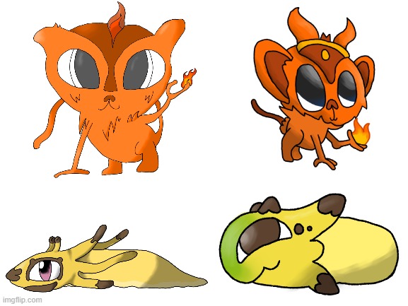 I redesigned two members of my starter trio from forever ago (Old designs on the left, new designs on the right) | image tagged in fakemon,art,pokemon | made w/ Imgflip meme maker