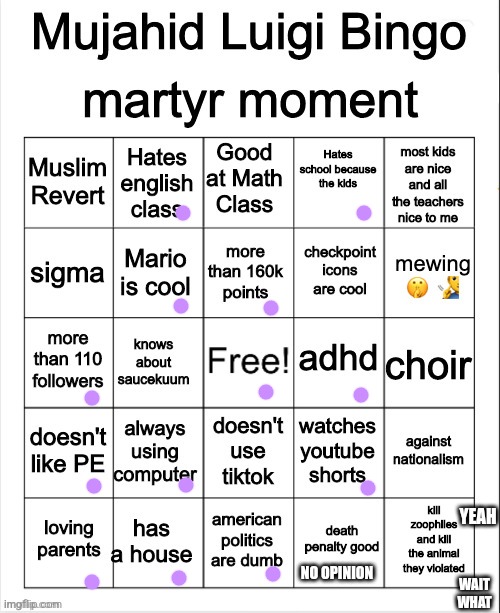 MujahidLuigi bingo | YEAH; NO OPINION; WAIT WHAT | image tagged in mujahidluigi bingo | made w/ Imgflip meme maker