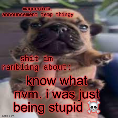 pug temp | know what nvm. i was just being stupid ☠️ | image tagged in pug temp | made w/ Imgflip meme maker