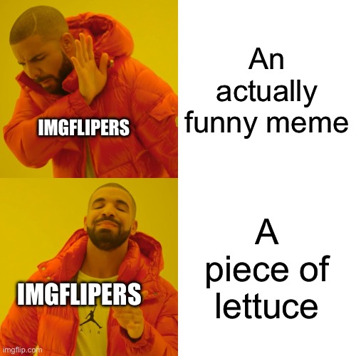 Drake Hotline Bling | An actually funny meme; IMGFLIPERS; A piece of lettuce; IMGFLIPERS | image tagged in memes,drake hotline bling | made w/ Imgflip meme maker