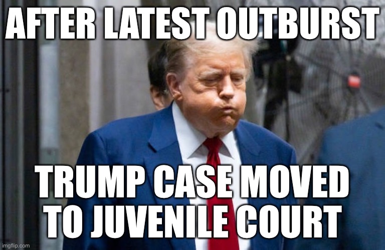 Juvi Court | AFTER LATEST OUTBURST; TRUMP CASE MOVED TO JUVENILE COURT | image tagged in trump,court,tantrum,donald trump | made w/ Imgflip meme maker