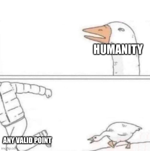 Goose Chase | HUMANITY; ANY VALID POINT | image tagged in goose chase,memes | made w/ Imgflip meme maker