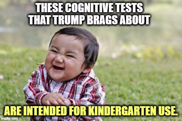 Which is about right for Trump. | THESE COGNITIVE TESTS THAT TRUMP BRAGS ABOUT; ARE INTENDED FOR KINDERGARTEN USE. | image tagged in memes,evil toddler,trump,senile,insane,alzheimers | made w/ Imgflip meme maker
