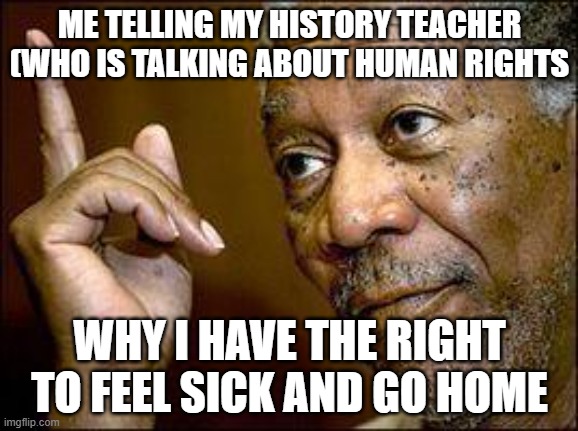 He's Right, you Know | ME TELLING MY HISTORY TEACHER (WHO IS TALKING ABOUT HUMAN RIGHTS; WHY I HAVE THE RIGHT TO FEEL SICK AND GO HOME | image tagged in he's right you know | made w/ Imgflip meme maker