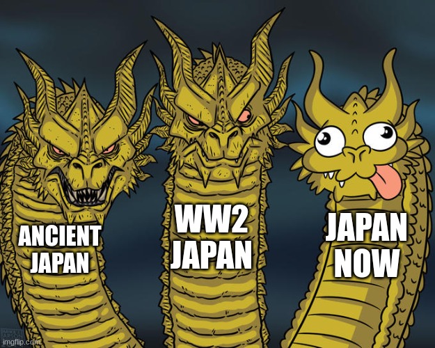 Executing, even kids to WW2 to Anime/cute mascots/ etc. | WW2 JAPAN; JAPAN NOW; ANCIENT JAPAN | image tagged in three-headed dragon,japan | made w/ Imgflip meme maker