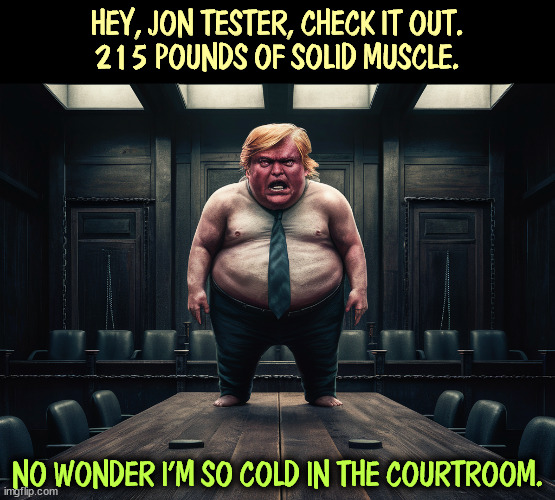 Obese Trump calls someone else fat. | HEY, JON TESTER, CHECK IT OUT.
215 POUNDS OF SOLID MUSCLE. NO WONDER I'M SO COLD IN THE COURTROOM. | image tagged in trump,obese,fat,courtroom,cold | made w/ Imgflip meme maker