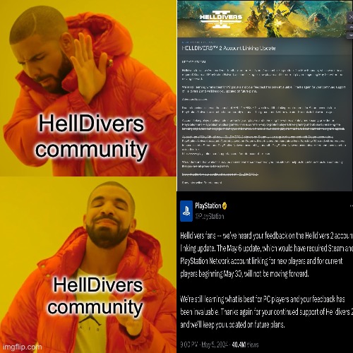 Drake Hotline Bling | HellDivers community; HellDivers community | image tagged in memes,drake hotline bling | made w/ Imgflip meme maker