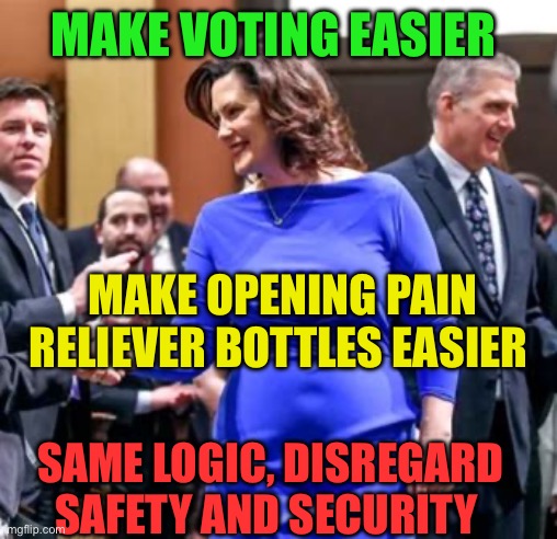 Democrat logic: easy is more important than safety and security | MAKE VOTING EASIER; MAKE OPENING PAIN RELIEVER BOTTLES EASIER; SAME LOGIC, DISREGARD SAFETY AND SECURITY | image tagged in does this dress,gifs,democrats,biden,voter fraud | made w/ Imgflip meme maker