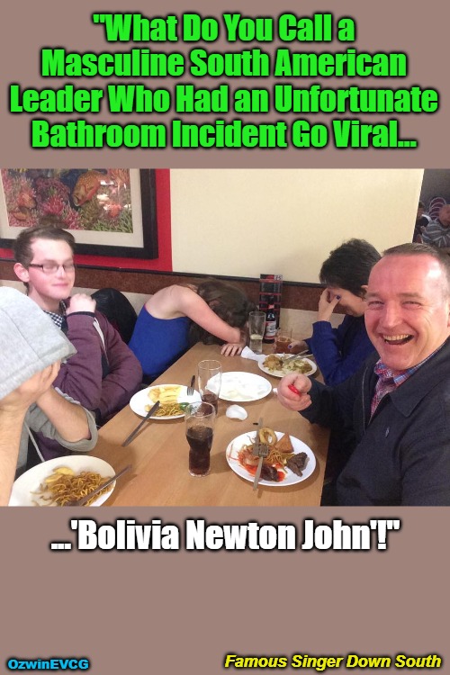 Famous Singer Down South | "What Do You Call a 

Masculine South American 

Leader Who Had an Unfortunate 

Bathroom Incident Go Viral... ...'Bolivia Newton John'!"; Famous Singer Down South; OzwinEVCG | image tagged in dads,memes,jokes,meanwhile in south america,pop music,going viral | made w/ Imgflip meme maker