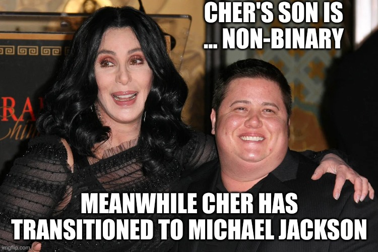 Cher is looking more and more like MJ | CHER'S SON IS ... NON-BINARY; MEANWHILE CHER HAS TRANSITIONED TO MICHAEL JACKSON | made w/ Imgflip meme maker