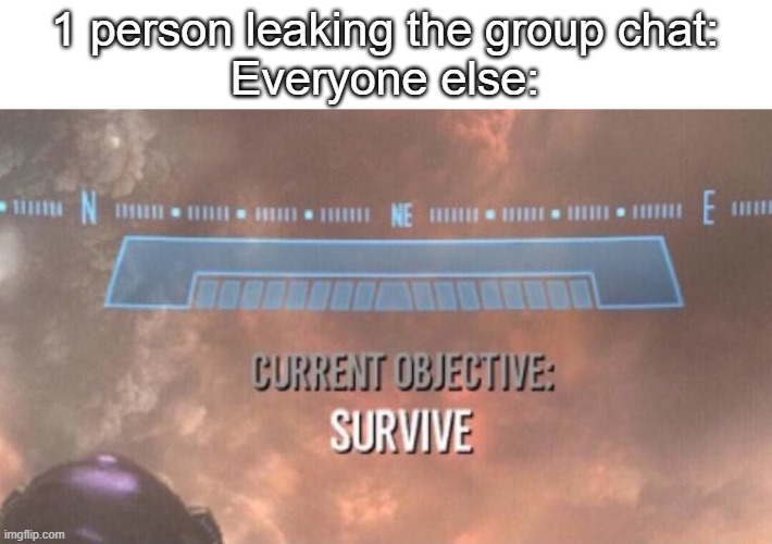 Current Objective: Survive | 1 person leaking the group chat:
Everyone else: | image tagged in current objective survive | made w/ Imgflip meme maker