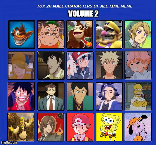 top 20 favorite male characters volume 2 | image tagged in top 20 male characters volume 2,favorites,videogames,anime,cartoons,movies | made w/ Imgflip meme maker