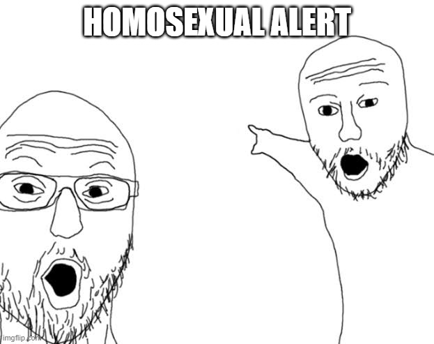 Soyjak pointig | HOMOSEXUAL ALERT | image tagged in soyjak pointig | made w/ Imgflip meme maker