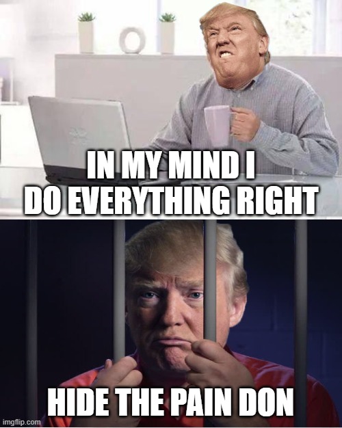 Hide the Pain Donald | IN MY MIND I DO EVERYTHING RIGHT; HIDE THE PAIN DON | image tagged in hide the pain harold,dictator,fascist,commie,blank red maga hat,donald trump mugshot | made w/ Imgflip meme maker