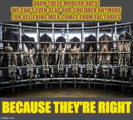 Milk comes from factories? How can anyone be so stup...oh. | DARN THESE MODERN DAYS!
WE CAN'T EVEN SLAP OUR CHILDREN ANYMORE
FOR BELIEVING MILK COMES FROM FACTORIES; BECAUSE THEY'RE RIGHT | image tagged in farm factories,cows,milk,milking the cow | made w/ Imgflip meme maker