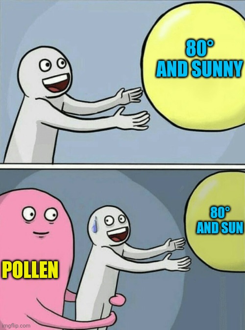 Sneezin' Season | 80° AND SUNNY; 80° AND SUN; POLLEN | image tagged in memes,running away balloon,summer,allergies | made w/ Imgflip meme maker