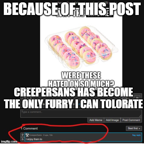 (Thorium note:real) | BECAUSE OF THIS POST; CREEPERSANS HAS BECOME THE ONLY FURRY I CAN TOLORATE | made w/ Imgflip meme maker