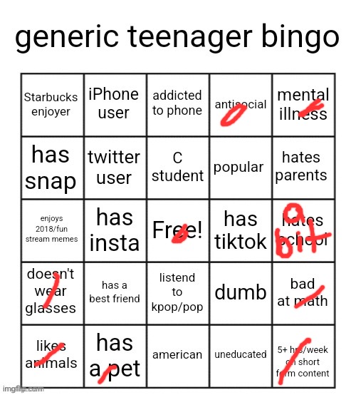 generic teenager bingo | image tagged in generic teenager bingo | made w/ Imgflip meme maker