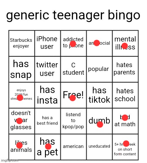 We chillin | image tagged in generic teenager bingo | made w/ Imgflip meme maker