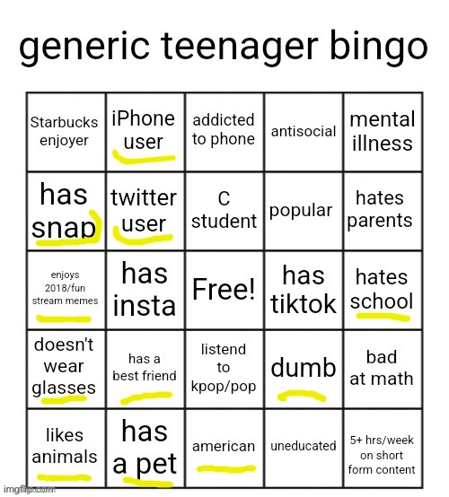 I enjoy boomer things more than I enjoy gen-z things. | image tagged in generic teenager bingo | made w/ Imgflip meme maker