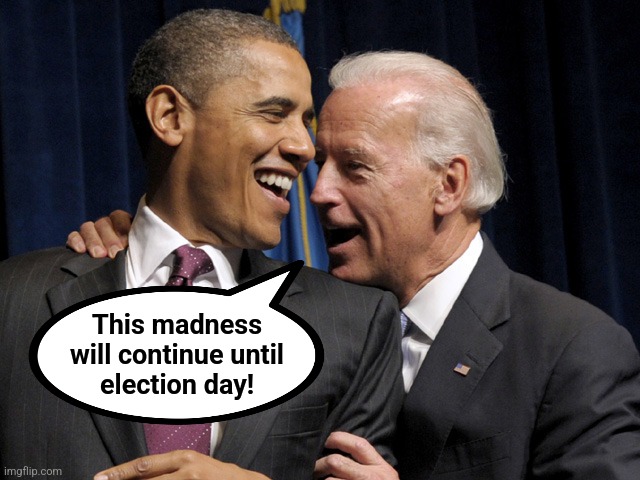 Obama & Biden laugh | This madness
will continue until
election day! | image tagged in obama biden laugh | made w/ Imgflip meme maker