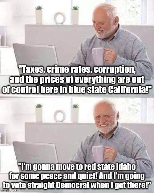Democrats, if you can't figure out the problem is your party's ideology, moving to red state won't help you. | "Taxes, crime rates, corruption, and the prices of everything are out of control here in blue state California!"; "I'm gonna move to red state Idaho for some peace and quiet! And I'm going to vote straight Democrat when I get there!" | image tagged in hide the pain harold,democrat,liberal logic,voting,coincidence i think not,moving on | made w/ Imgflip meme maker