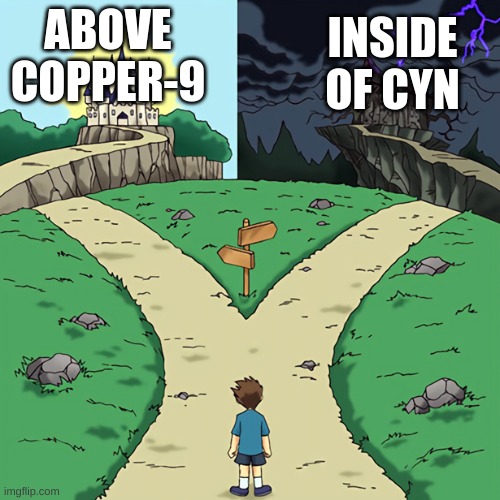 where is uzi in that scene? | ABOVE COPPER-9; INSIDE OF CYN | image tagged in two castles | made w/ Imgflip meme maker
