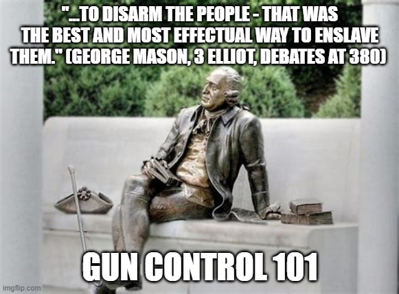 An unarmed populace has no power, without power we have no rights the government disagrees with. | "...TO DISARM THE PEOPLE - THAT WAS THE BEST AND MOST EFFECTUAL WAY TO ENSLAVE THEM." (GEORGE MASON, 3 ELLIOT, DEBATES AT 380); GUN CONTROL 101 | image tagged in human rights,guns,truth,stupid liberals,political meme,funny memes | made w/ Imgflip meme maker