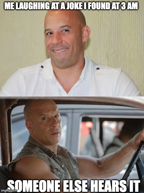 Memes | ME LAUGHING AT A JOKE I FOUND AT 3 AM; SOMEONE ELSE HEARS IT | image tagged in memes about memes,vin diesel | made w/ Imgflip meme maker