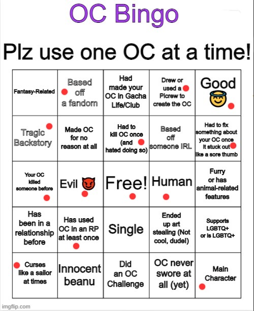 I marked good and evil because Heckyl can be described as chaotic good or lawful evil depending on how much sleep he got last ni | image tagged in oc bingo | made w/ Imgflip meme maker