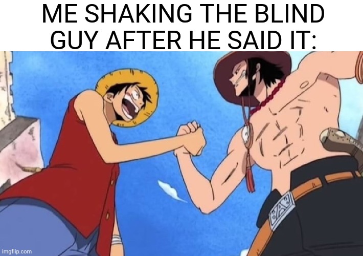 One Piece handshake | ME SHAKING THE BLIND GUY AFTER HE SAID IT: | image tagged in one piece handshake | made w/ Imgflip meme maker