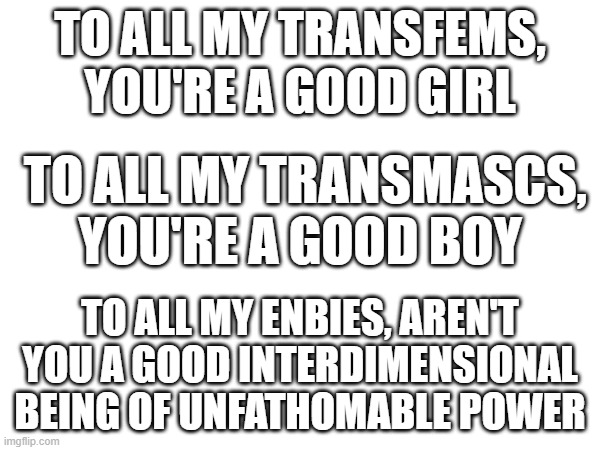 :) | TO ALL MY TRANSFEMS, YOU'RE A GOOD GIRL; TO ALL MY TRANSMASCS, YOU'RE A GOOD BOY; TO ALL MY ENBIES, AREN'T YOU A GOOD INTERDIMENSIONAL BEING OF UNFATHOMABLE POWER | made w/ Imgflip meme maker