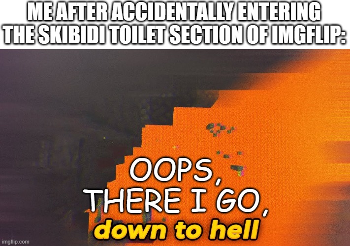 who else hates skibidi toilet? | ME AFTER ACCIDENTALLY ENTERING THE SKIBIDI TOILET SECTION OF IMGFLIP:; OOPS, THERE I GO, | image tagged in skibidi toilet,ranboo,why are you reading the tags | made w/ Imgflip meme maker