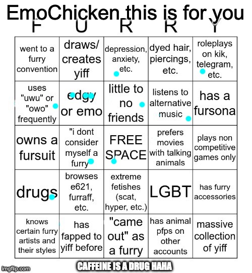 im not a furry haha Luco | EmoChicken this is for you; CAFFEINE IS A DRUG HAHA | image tagged in furry bingo v2 | made w/ Imgflip meme maker