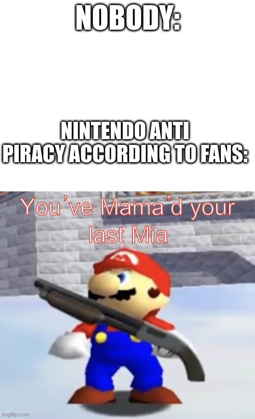 Nintendo anti-piracy | NOBODY:; NINTENDO ANTI PIRACY ACCORDING TO FANS: | image tagged in you've mama'd your last mia | made w/ Imgflip meme maker