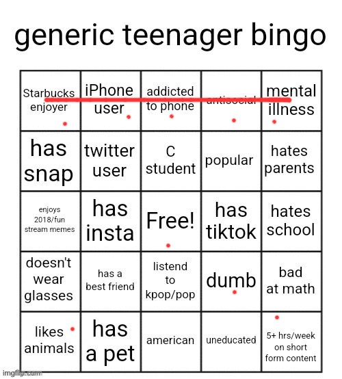 e | image tagged in generic teenager bingo | made w/ Imgflip meme maker